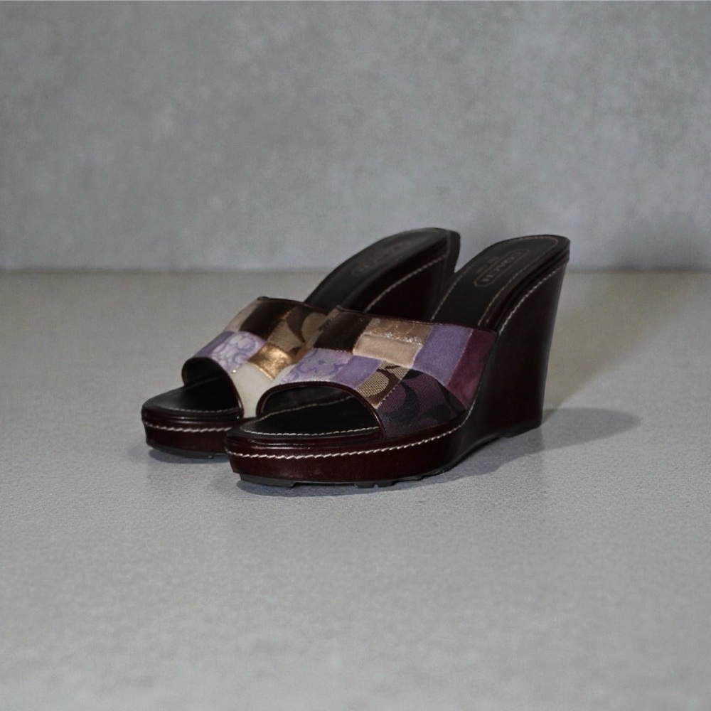 Coach Purple and Gold Wedge Sandals